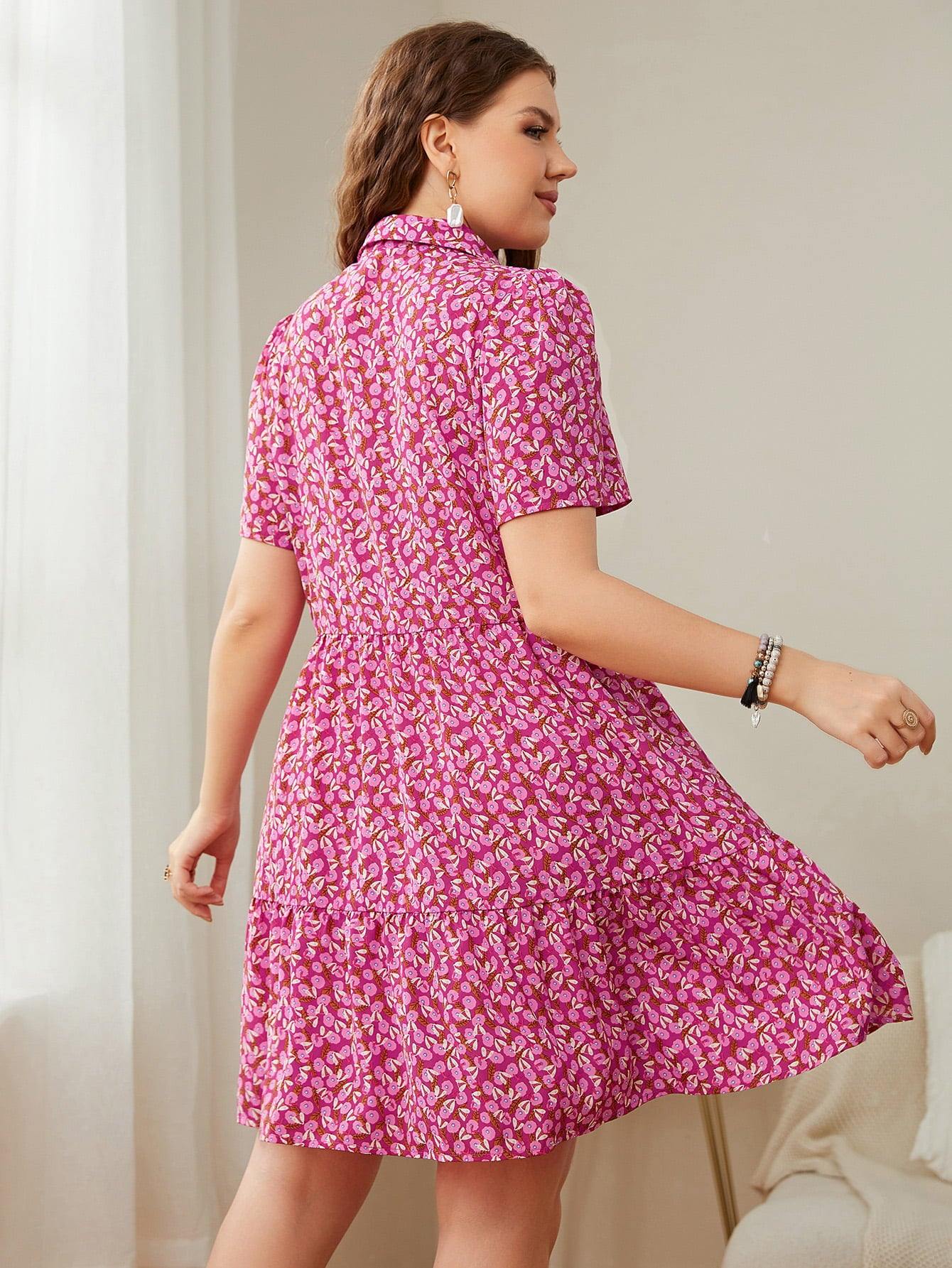 Plus Size Printed Short Sleeve Collared Dress - Trendsi