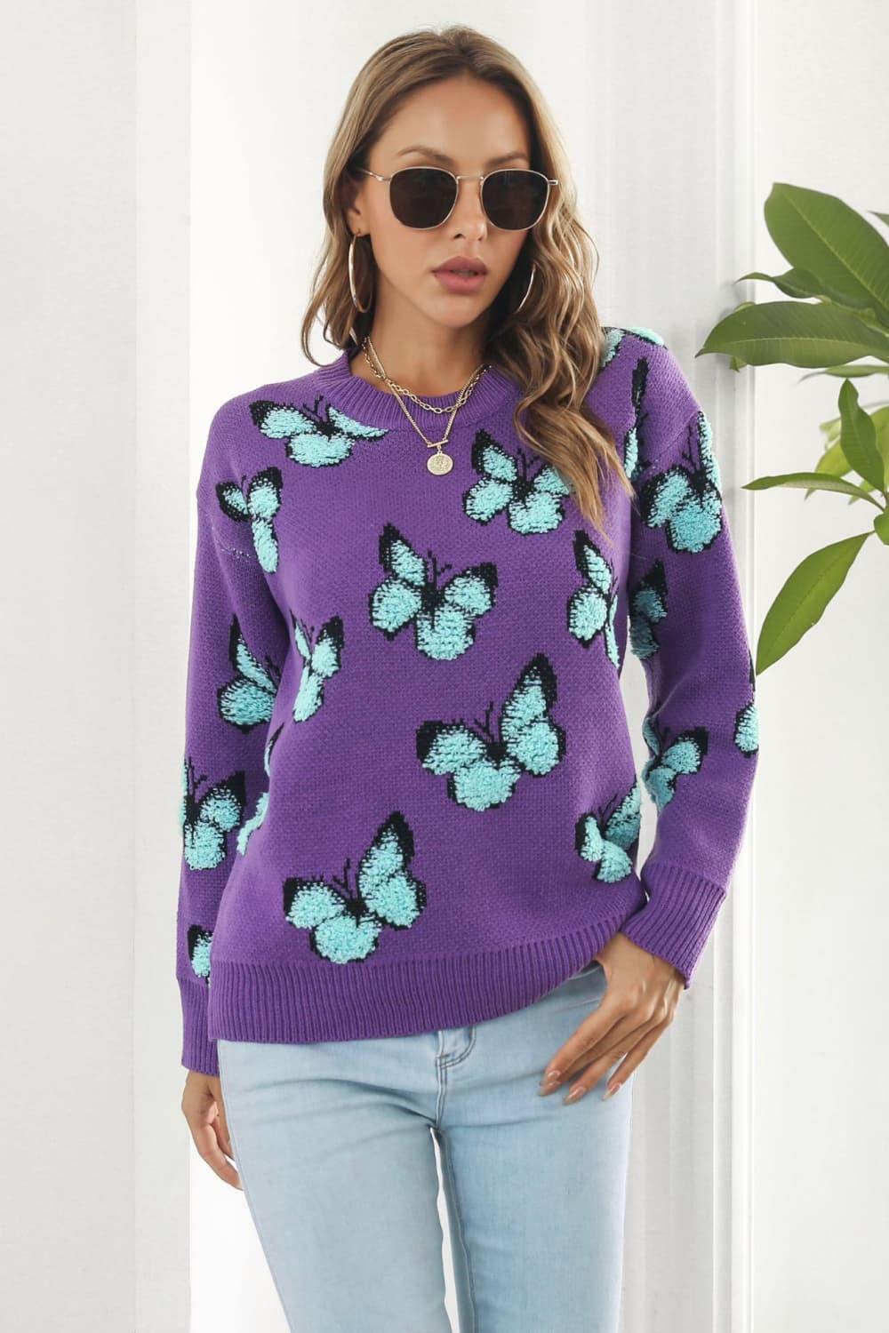 Butterfly Pattern Round Neck Dropped Shoulder Sweater - Trendsi
