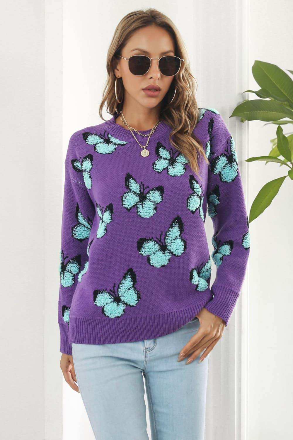 Butterfly Pattern Round Neck Dropped Shoulder Sweater - Trendsi - Flyclothing LLC