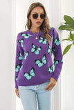 Butterfly Pattern Round Neck Dropped Shoulder Sweater - Trendsi - Flyclothing LLC