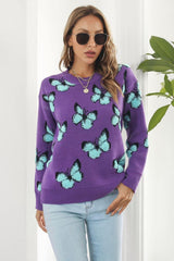Butterfly Pattern Round Neck Dropped Shoulder Sweater - Trendsi
