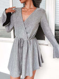 Plus Size Surplice Neck Flare Sleeve Dress - Trendsi - Flyclothing LLC