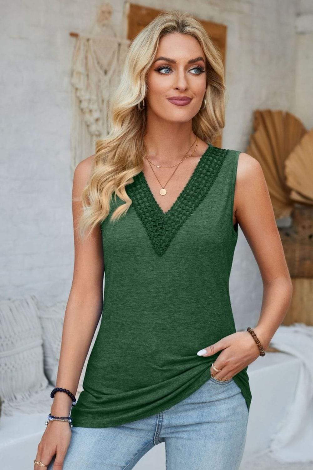 Lace Detail V-Neck Tank - Trendsi - Flyclothing LLC