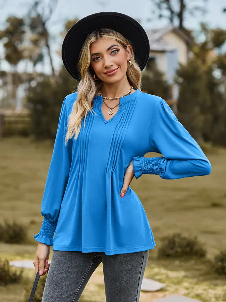 Notched Neck Flounce Sleeve Blouse - Trendsi - Flyclothing LLC