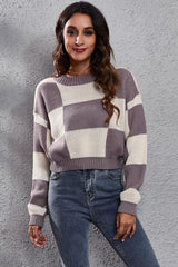 Color Block Round Neck Dropped Shoulder Sweater - Trendsi
