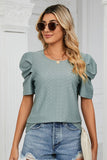 Eyelet Puff Sleeve Round Neck Blouse - Trendsi