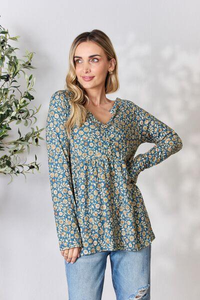 Heimish Full Size Floral Half Button Long Sleeve Blouse - Trendsi