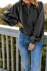 Quarter-Snap Collared Lantern Sleeve Sweatshirt - Trendsi - Flyclothing LLC