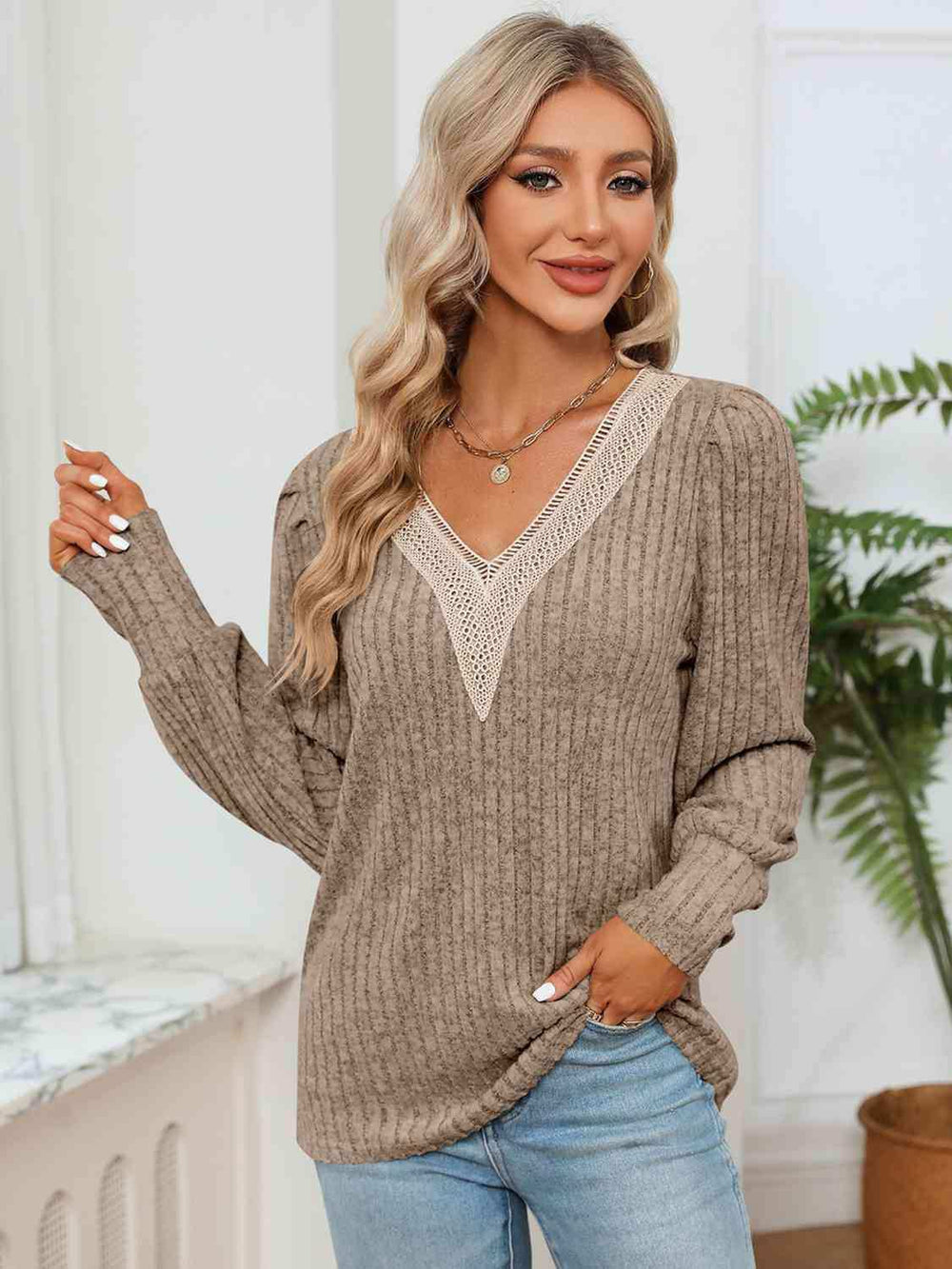 Lace Detail V-Neck Ribbed Blouse - Trendsi - Flyclothing LLC