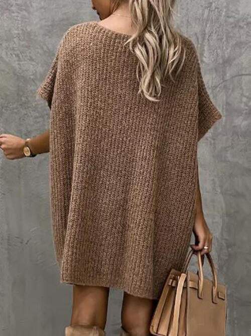 V-Neck Short Sleeve Sweater with Pockets - Trendsi - Flyclothing LLC