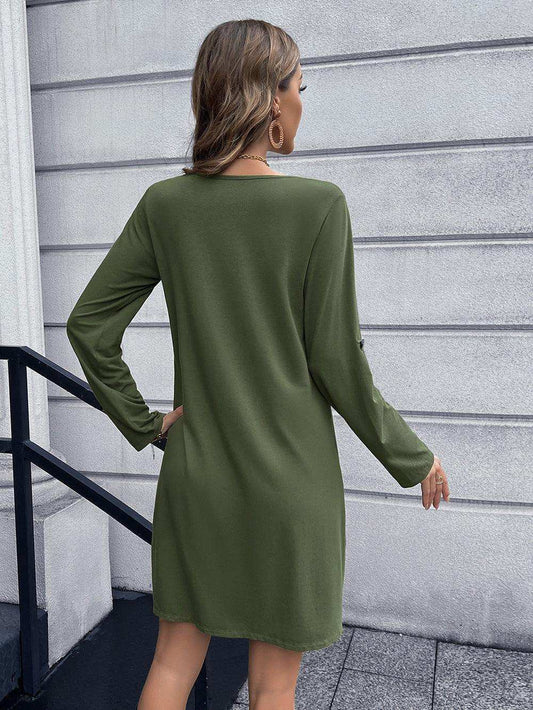 Button Down V-Neck Mini Dress - Trendsi - Flyclothing LLC