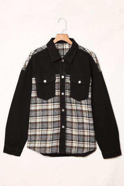 Plaid Pocketed Button Up Denim Jacket - Trendsi - Flyclothing LLC