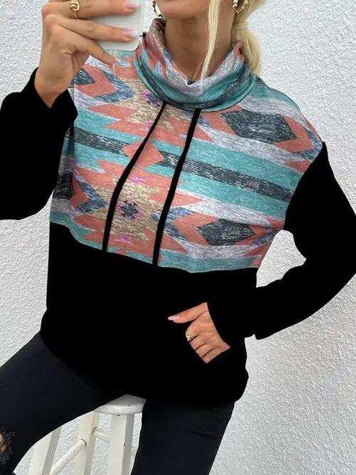Geometric Drawstring Long-Sleeve Sweatshirt - Trendsi - Flyclothing LLC