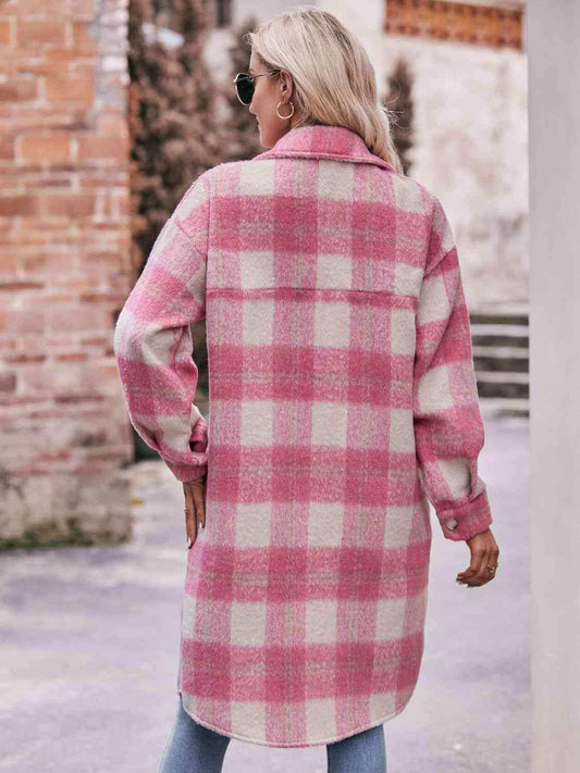 Plaid Dropped Shoulder Slit Coat - Trendsi - Flyclothing LLC