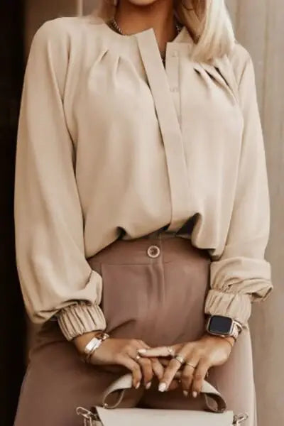 Button Up Round Neck Long Sleeve Shirt - Trendsi - Flyclothing LLC