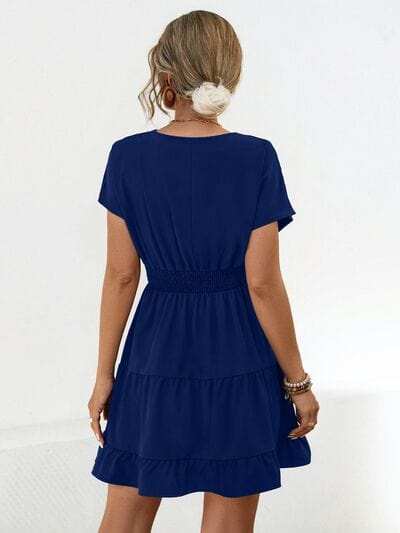 Ruffled Smocked V-Neck Tiered Dress - Trendsi - Flyclothing LLC