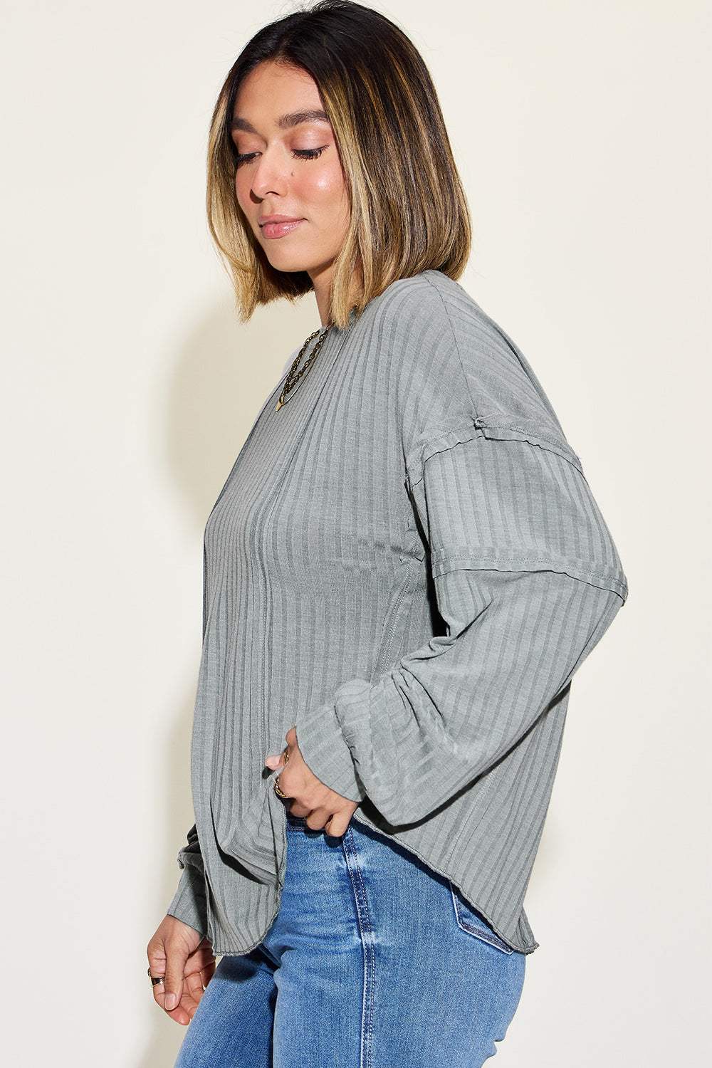 Basic Bae Full Size Ribbed Round Neck Long Sleeve T-Shirt - Trendsi - Flyclothing LLC