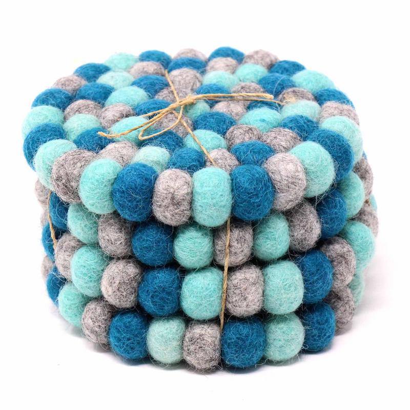 Hand Crafted Felt Ball Coasters from Nepal: 4-pack, Chakra Light Blues - Global Groove (T) - Flyclothing LLC