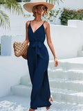 Tie Belt Spaghetti Strap Slit Jumpsuit - Trendsi
