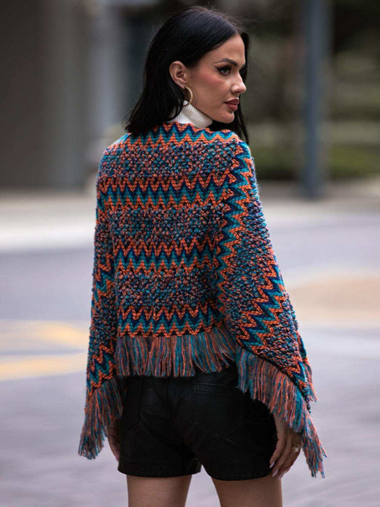 Fringe Hem Boat Neck Poncho - Trendsi - Flyclothing LLC