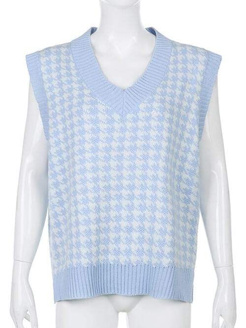 Houndstooth V-Neck Sweater Vet - Trendsi - Flyclothing LLC