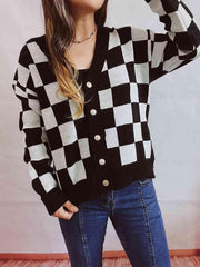 Checkered Open Front Button Up Cardigan - Trendsi