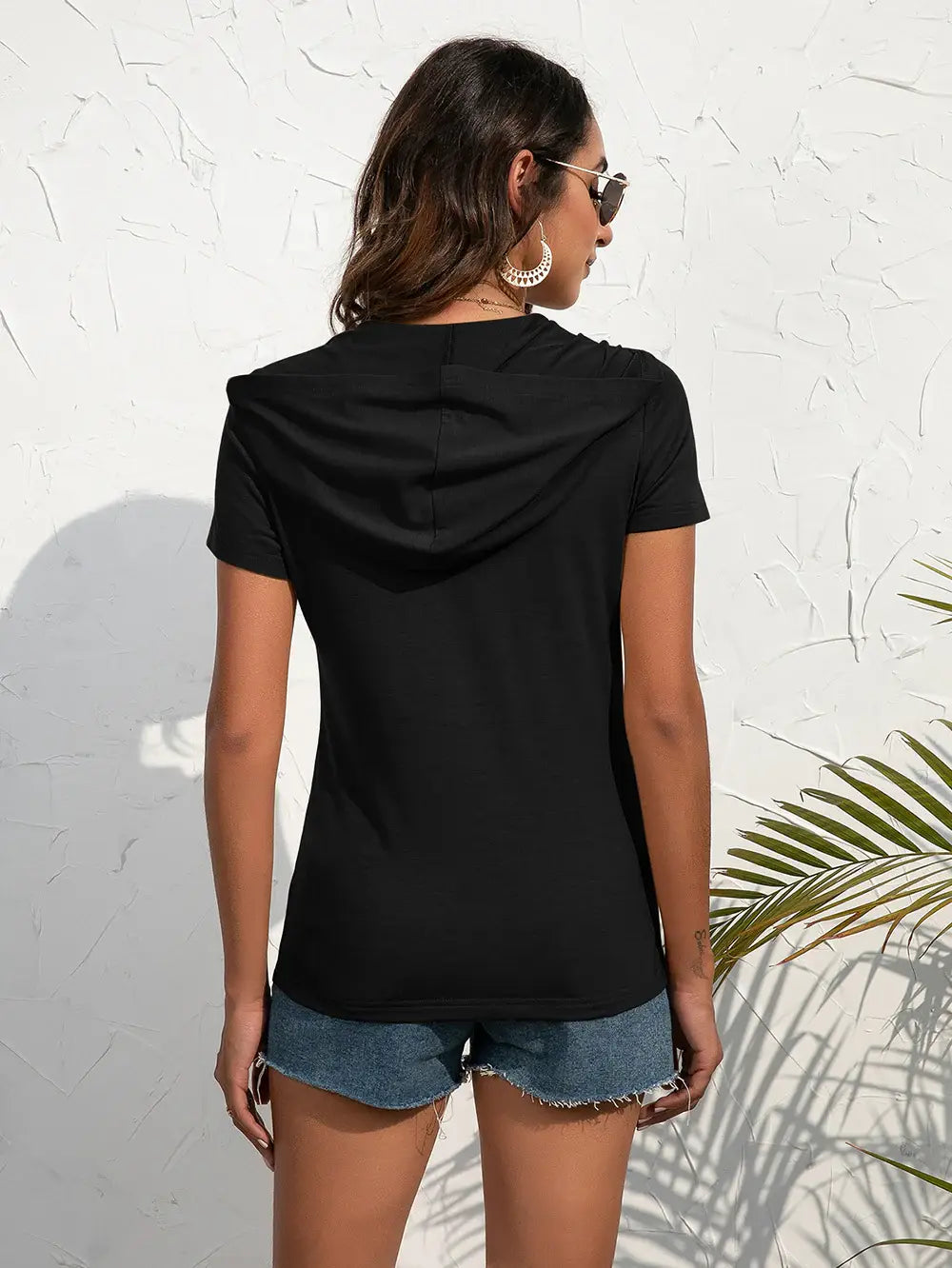 Half-Zip Short Sleeve Hooded Top - Trendsi - Flyclothing LLC