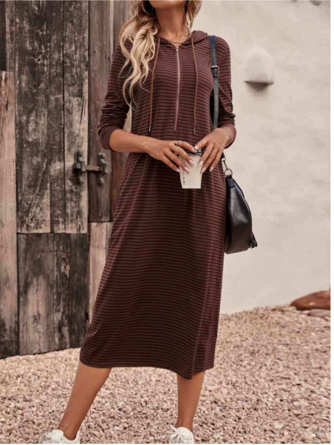 Striped Zip Front Hooded Dress - Trendsi - Flyclothing LLC