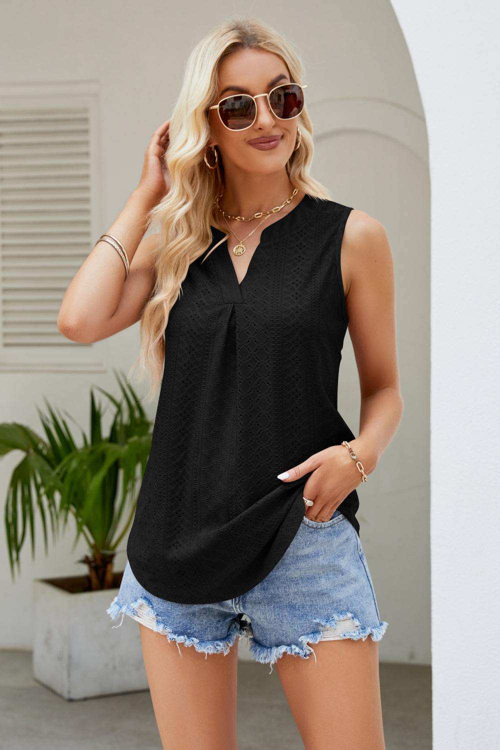 Notched Neck Curved Hem Eyelet Tank - Trendsi - Flyclothing LLC
