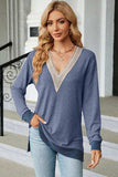 Slit V-Neck Long Sleeve T-Shirt - Trendsi - Flyclothing LLC