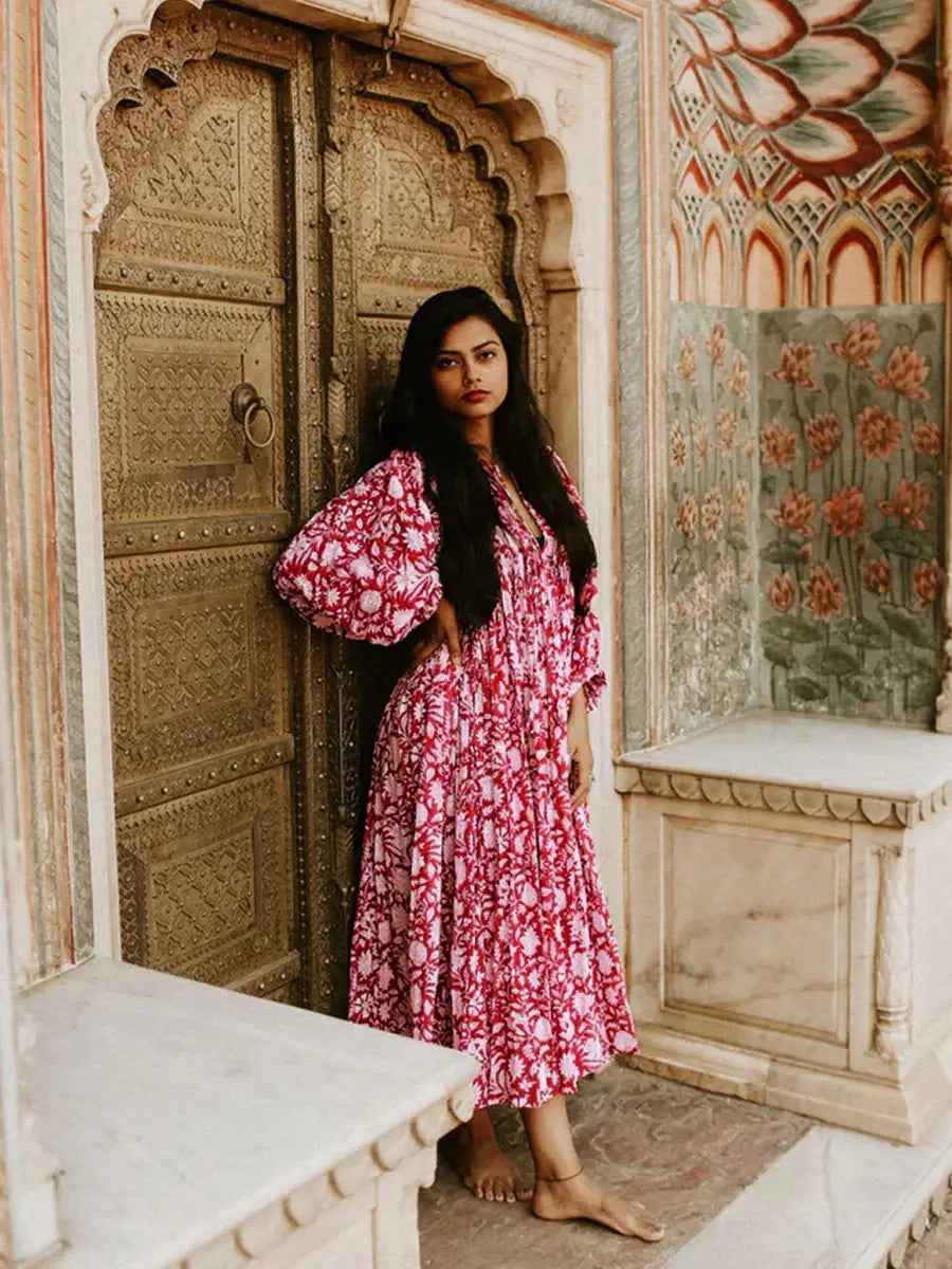 Floral Tie Neck Lantern Sleeve Dress - Trendsi - Flyclothing LLC