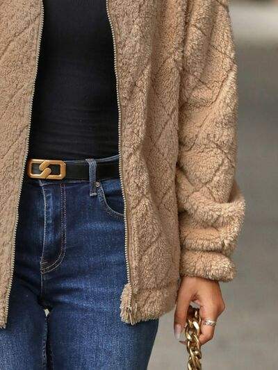 Fuzzy Pocketed Zip Up Jacket - Trendsi - Flyclothing LLC