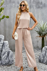 Grecian Neck Sleeveless Pocketed Top and Pants Set - Trendsi