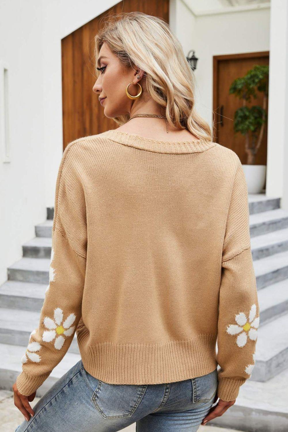 Floral Ribbed Trim Drop Shoulder Cardigan - Flyclothing LLC