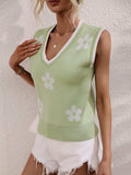 Floral Contrast Ribbed Trim Sweater Vest - Trendsi - Flyclothing LLC