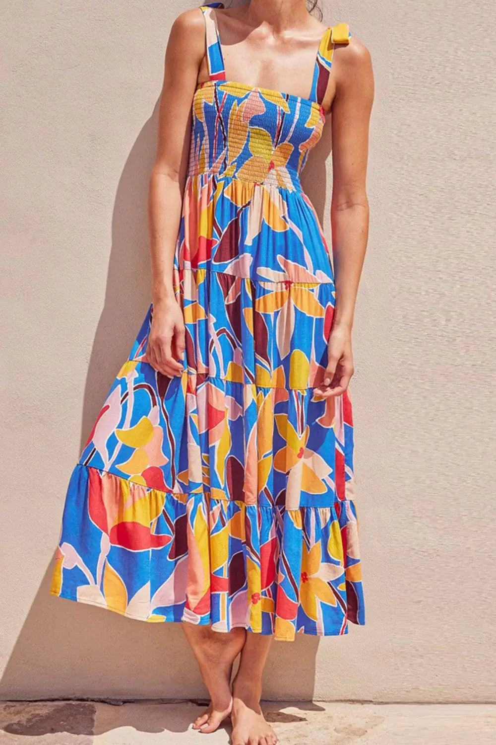 Floral Tie Shoulder Smocked Tiered Dress - Trendsi - Flyclothing LLC