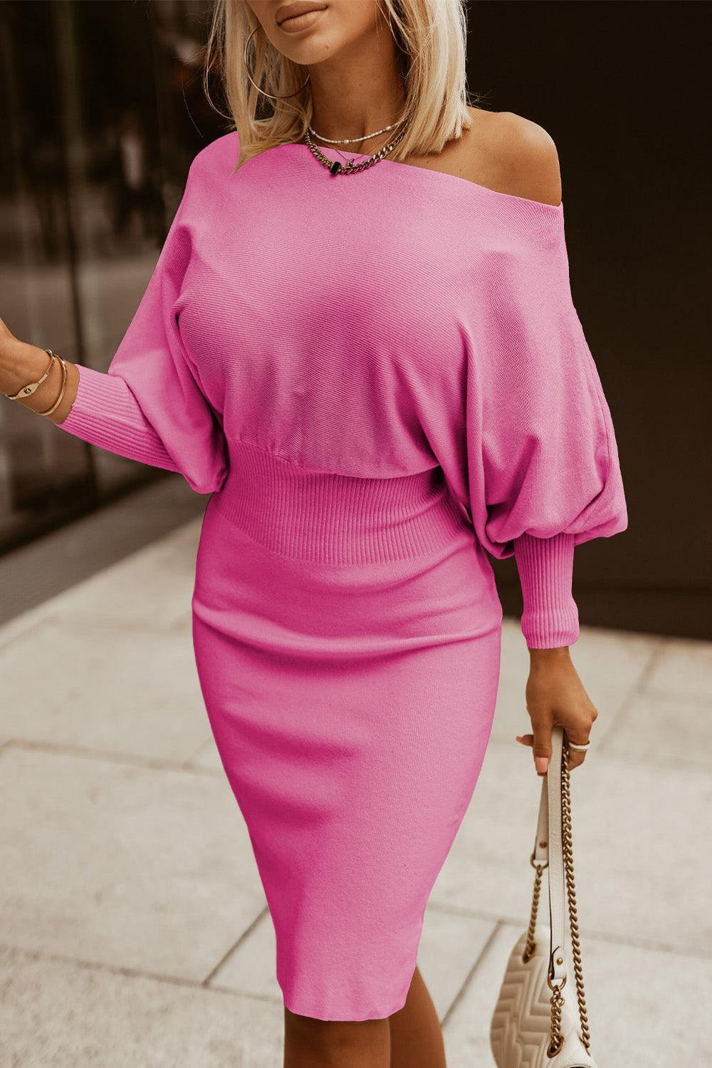 Boat Neck Lantern Sleeve Sweater Dress - Trendsi