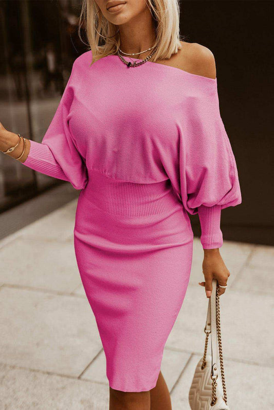 Boat Neck Lantern Sleeve Sweater Dress - Trendsi - Flyclothing LLC