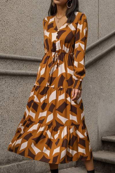 Printed Tied Pocketed Lantern Sleeve Dress - Trendsi - Flyclothing LLC