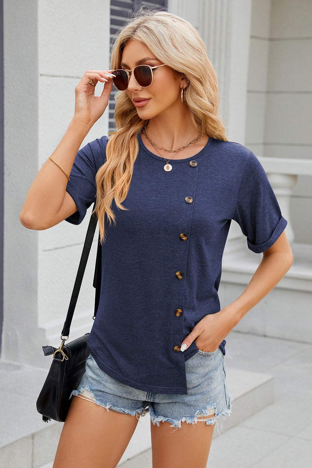 Round Neck Short Sleeve T-Shirt - Trendsi - Flyclothing LLC