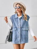 Pocketed Button Up Sleeveless Denim Jacket - Trendsi