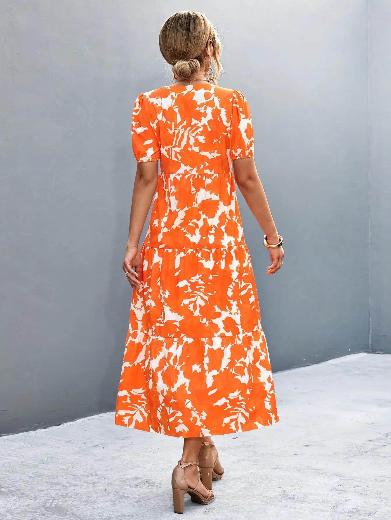 V-Neck Short Sleeve High Slit Midi Dress - Trendsi - Flyclothing LLC