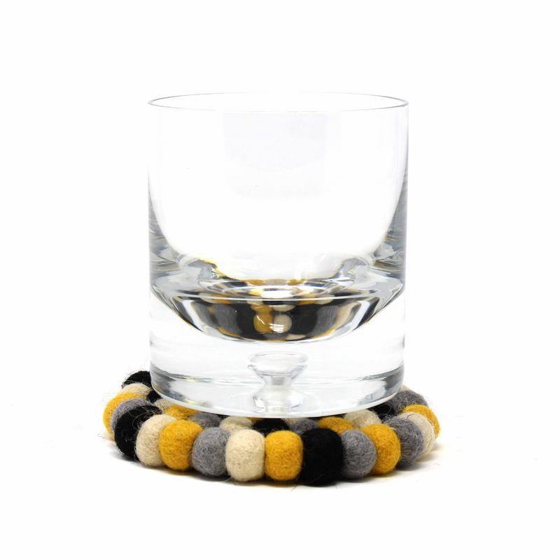 Hand Crafted Felt Ball Coasters from Nepal: 4-pack, Mustard - Global Groove (T) - Global Groove