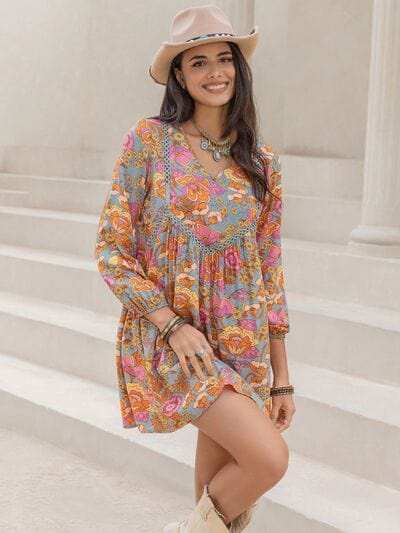 Printed V-Neck Balloon Sleeve Mini Dress - Trendsi - Flyclothing LLC