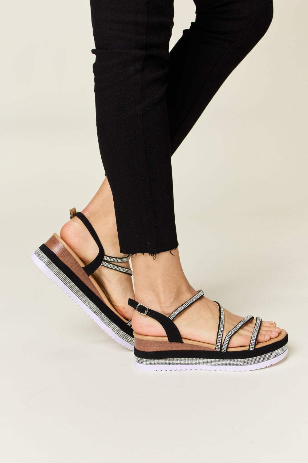 Forever Link Rhinestone Strappy Wedge Sandals - Trendsi - Flyclothing LLC