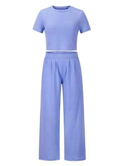 Round Neck Short Sleeve Top and Pocketed Pants Set - Trendsi - Flyclothing LLC
