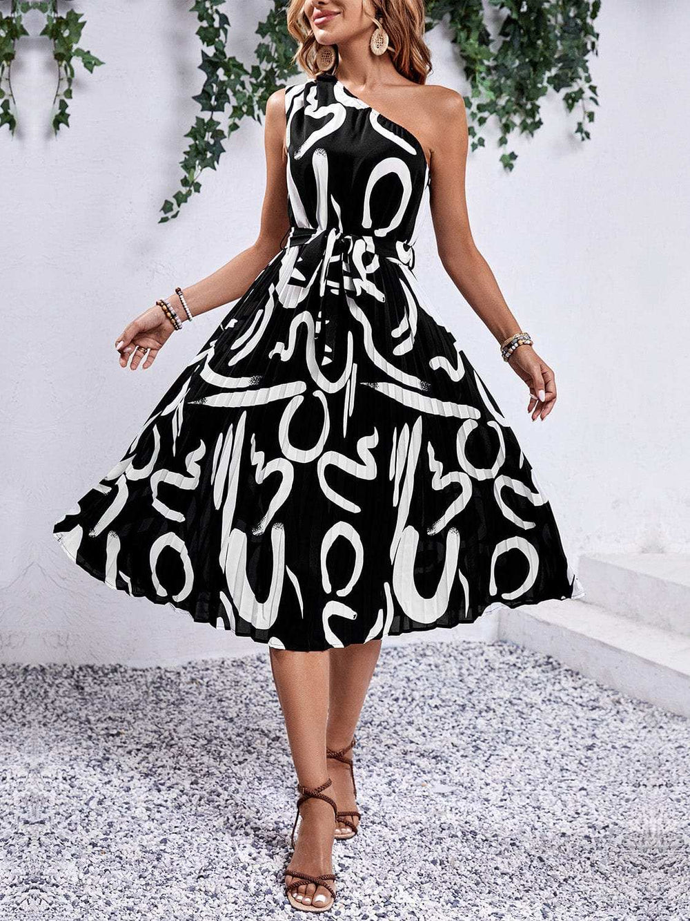 Printed Single Shoulder Tie Waist Dress - Trendsi - Flyclothing LLC