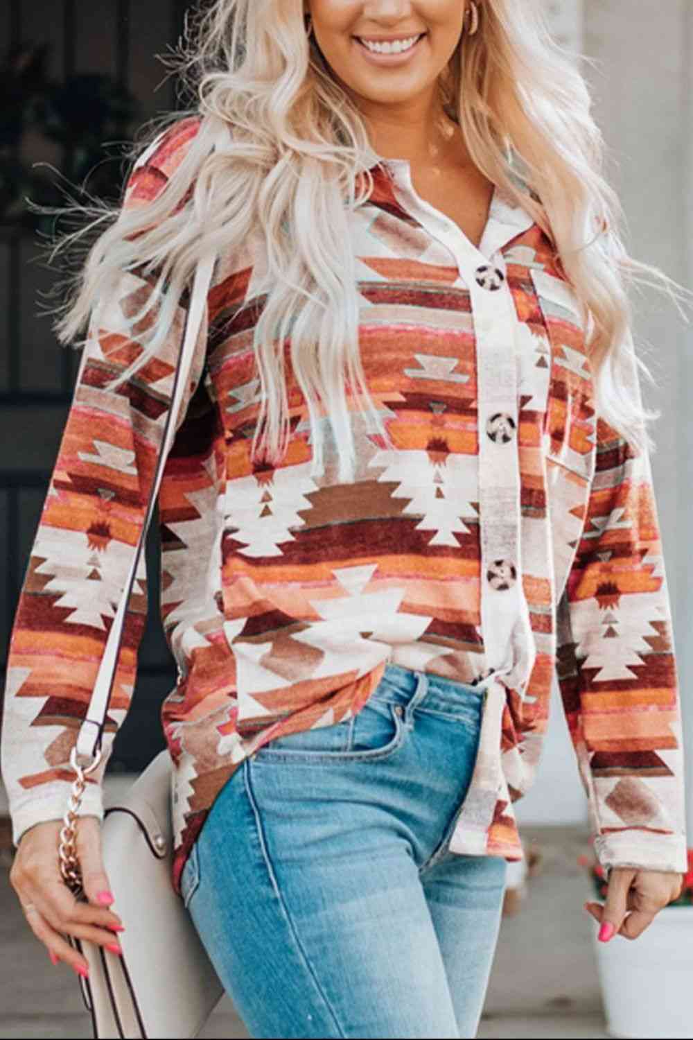 Printed Button Up Long Sleeve Shirt - Trendsi - Flyclothing LLC