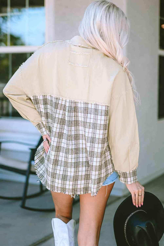 Plaid Raw Hem Button Down Jacket - Trendsi - Flyclothing LLC