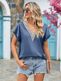 V-Neck Cuffed Blouse - Trendsi - Flyclothing LLC